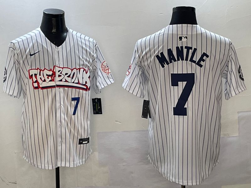 Men New York Yankees #7 Mantle White Stripe four generations Joint Name 2025 Nike MLB Jersey style 4->new york yankees->MLB Jersey